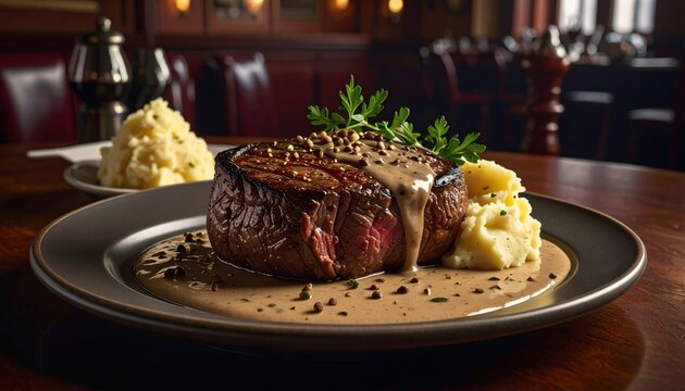 A perfectly seared filet mignon steak topped with creamy peppercorn sauce and served with a side of smooth mashed potatoes on a dark restaurant table.