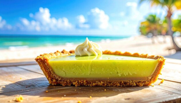 A delicious slice of creamy key lime pie with a crunchy graham cracker crust sitting on a sunny beach, capturing the refreshing essence of a tropical vacation and sweet culinary indulgence.