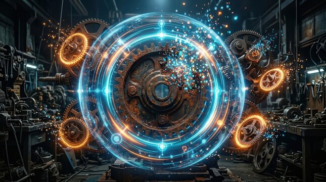 Abstract Mechanical Sphere: Intricate gears and glowing energy coalesce within an industrial workshop, symbolizing innovation and technological advancement.