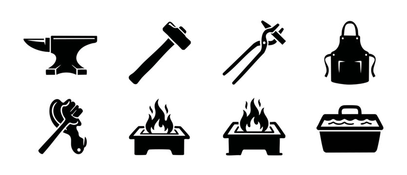 Blacksmith tools icon set, metalworking equipment collection including anvil, hammer, tongs, apron, fire, and forge. Vector silhouettes for industrial craft, workshop branding, and manufacturing desig