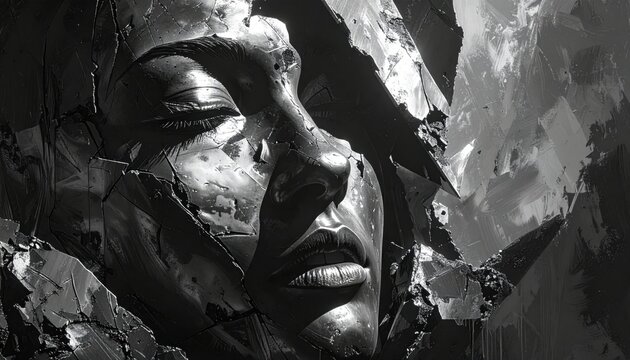 A crushed and deformed metallic sculpture of a human face, representing a broken artistic fragment of an unknown origin in a high resolution monochromatic photography style.