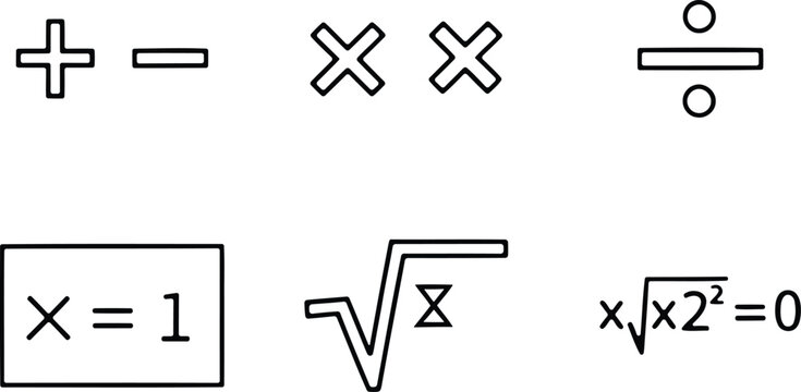 Mathematical symbols and equations addition multiplication division roots and solutions