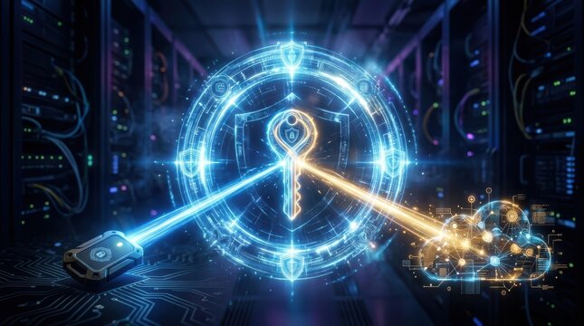 Cybersecurity Gateway: A digital key transmits data across a network, safeguarding access to a cloud-based server. Reflecting on data encryption, privacy, and digital security.