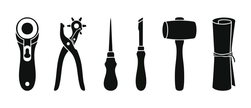 Leather Crafting Tools Icon Set, Professional Leatherworking Equipment for DIY Artisan Projects, Rotary Cutter, Hole Punch, Awl, Skiving Knife, Mallet and Leather Roll Isolated on White Background Vec