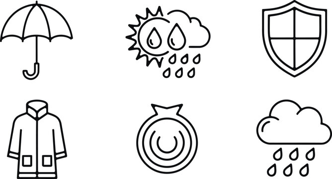 Weather protection icons umbrella rain sun shield coat and raincloud set