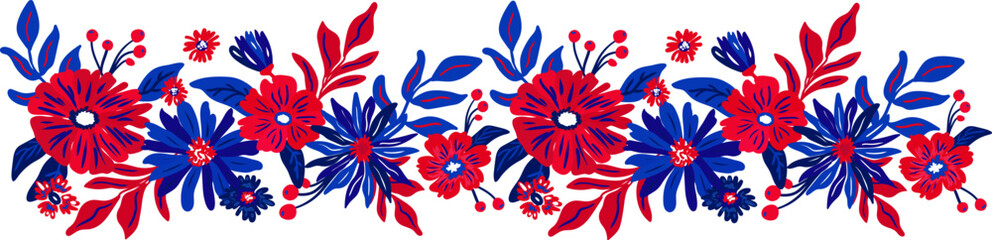 Naklejka premium patriotic floral border with red and blue flowers and berries on white background hand drawn horizontal botanical frame for independence day