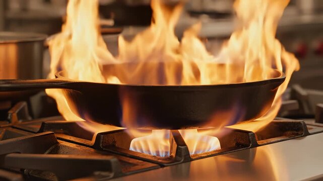 Flaming pan on stove emphasizing fresh ingredients and culinary craftsmanship