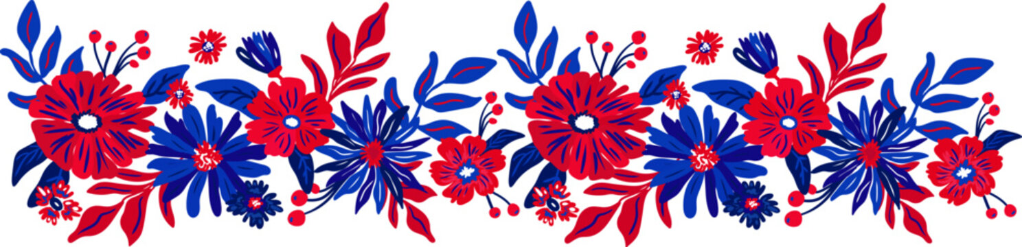 patriotic floral border with red and blue flowers and berries on white background hand drawn horizontal botanical frame for independence day