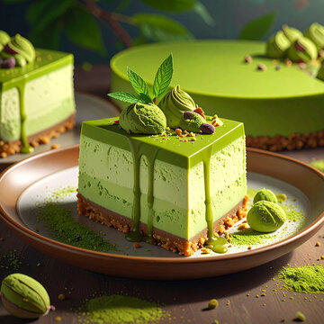 Delicious Matcha Cheesecake Slice with Whipped Cream and Drizzle