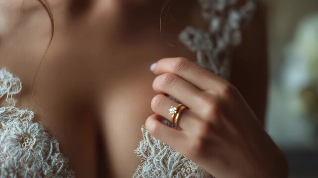 luxurious ring on the hand of a bride in a wedding dress animation