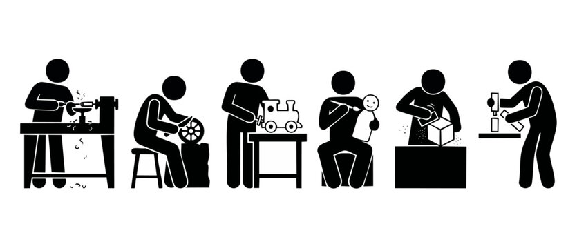 Toymaker Crafting Wooden Toys Icon Set, Carpentry and Woodworking Process Illustration, Handmade Toys Production Line, Artisan Workshop Activities, Stick Figure Silhouette Symbols for Craft Industry