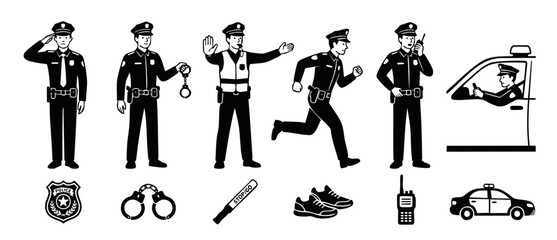 Police Officer Icons Set, Character Poses and Equipment Vector Illustration, Black and White Flat Design for Security and Law Enforcement Graphics, Professional Cop Actions and Symbols Isolated on Whi © Fernando
