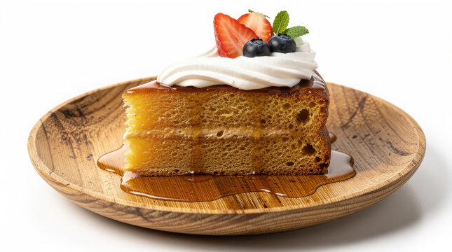 Tipsy Cake on Bamboo Plate 30 Degree Angle Isolated on White Background Studio Image