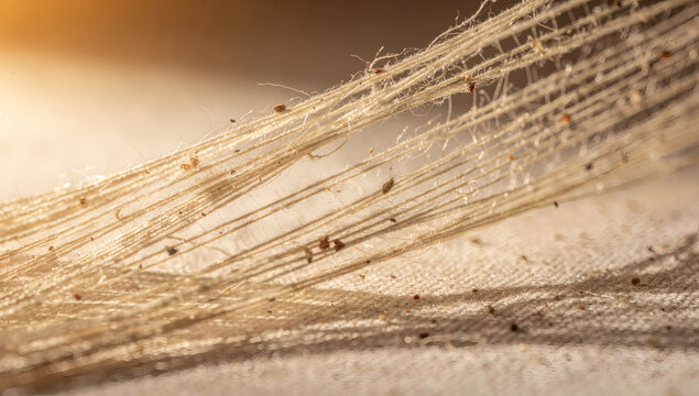 Extreme macro of natural silk fabric fibers being pulled apart with tactile tension, warm raking light on textile texture