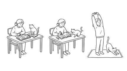 Fototapeta premium A character studies while a cat engages in playful interruptions.