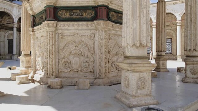 Detailed stone carvings inside a historic mosque in Cairo, Egypt, captured in slow motion 4K during travel.
