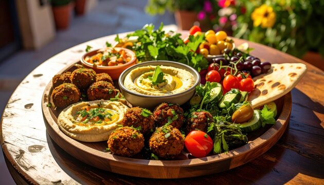 A vibrant and abundant mediterranean mezze platter featuring bowls of creamy hummus, falafel, baba ghanoush, fresh vegetables, and olives, beautifully arranged on a rustic wooden serving board.