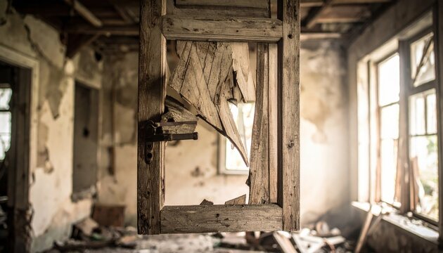 Splintered wooden window shutter hanging by a single hinge in an abandoned building, showcasing the dramatic process of structural decay and architectural ruin within a forgotten interior space.