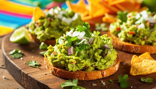 Fresh guacamole served on toasted bread slices with cilantro and onions, capturing a delicious and healthy gourmet appetizer presentation for a casual meal or social party setting.