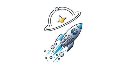 Rocket Launching into Space with Orbiting Star and Planets Icon © Mizone