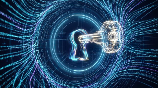 Digital Security: A striking digital representation of a key unlocking a padlock, with swirling lines of code encapsulating the essence of digital security and data protection.
