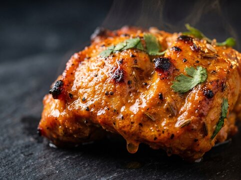 A macro shot of steaming roasted chicken tikka glazed with rich spices, cumin seeds, and fresh cilantro. A savory juice drop hangs above a dark slate stone table surface.