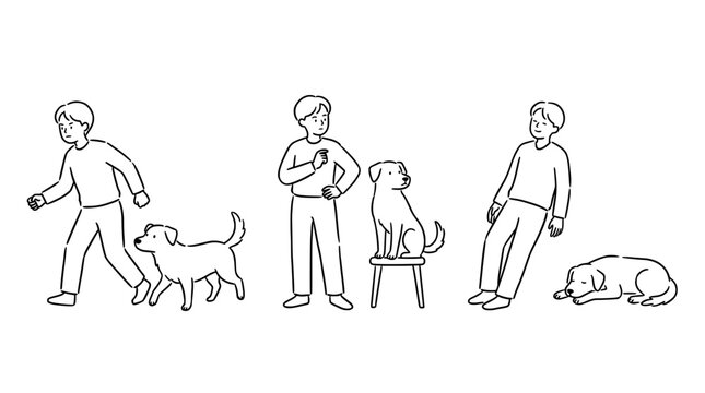 Exploring dog adventures through minimalist character sketches in sequence