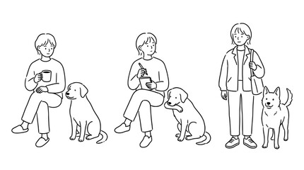 Naklejka premium A serene lifestyle scene featuring humans and dogs in minimalist art.