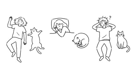 Fototapeta premium Sleeping Cat and Human Morning Stretching Lifestyle in Minimalist Style