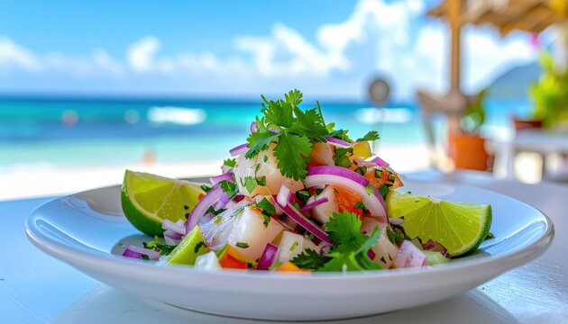A vibrant plate of fresh fish ceviche with lime and cilantro set against a beautiful tropical ocean backdrop, capturing the essence of coastal dining and culinary perfection.