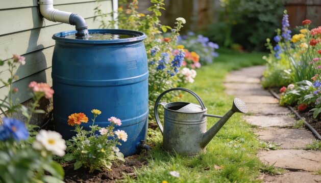 Rain barrel connected to downspout near blooming garden path in sunny backyard