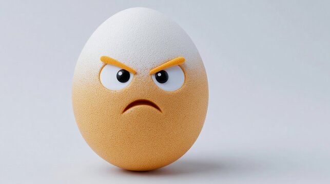 Cartoon-style egg character with an angry expression, featuring a white top and orange bottom, large eyes, and eyebrows, set against a plain light background