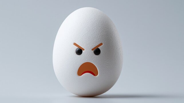 White egg with angry facial expression featuring eyes and mouth, set against a plain gray background, emphasizing the unique design and character of the object