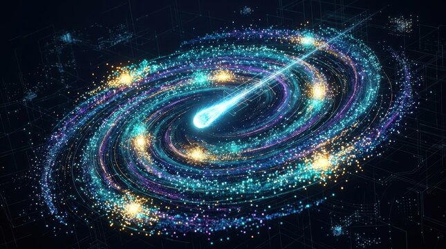 Celestial Dance of Cosmic Wonders: A mesmerizing display of a vibrant galaxy with a luminous celestial body streaking across the vast expanse, hinting at untold mysteries.
