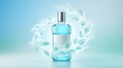 Obraz premium Mint fresh breath concept visual with translucent leaves and cool blue mouthwash