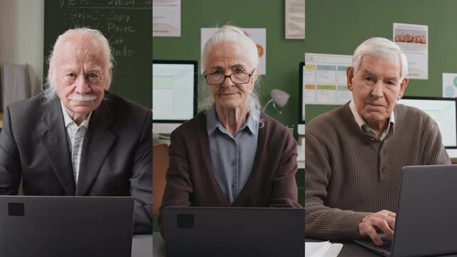 Horizontal split screen shot of three active senior people using laptops separately and looking up at camera in slow motion
