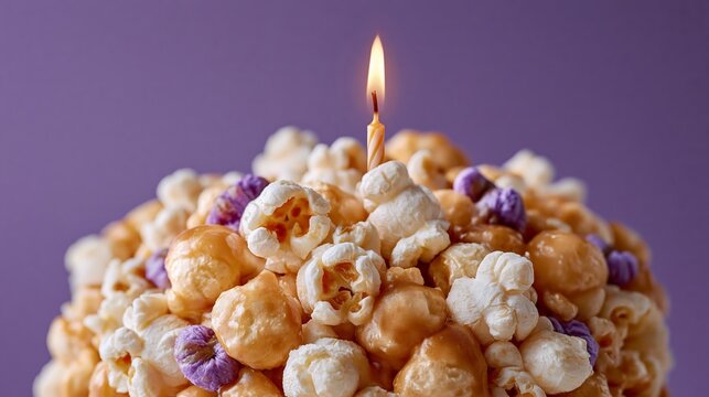 Popcorn cake topped with a lit birthday candle, featuring a mix of caramel and purple popcorn against a solid purple background