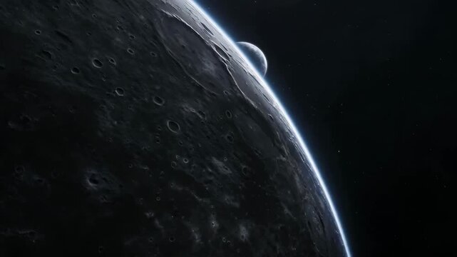 Distant crescent planet with textured crater surface illuminated by atmospheric glow