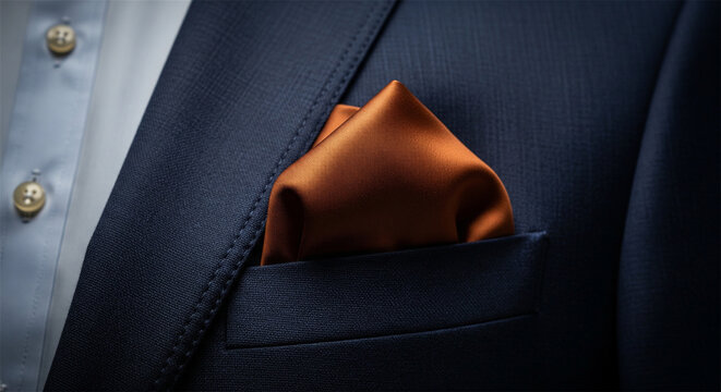 Close up of a man's navy blue suit pocket with orange pocket square