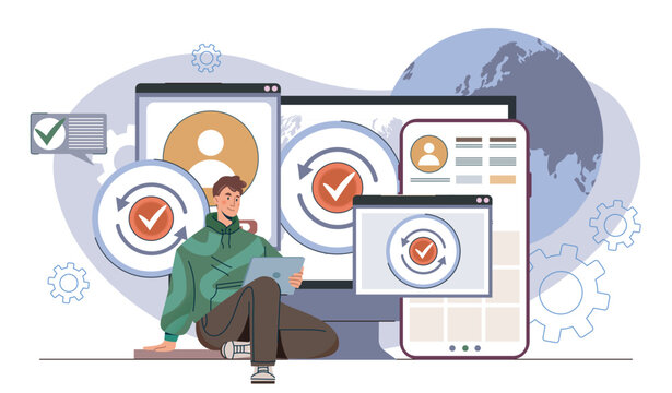 Cross device syncing. Man with gadget sits near smartphone, computer, and tablet. Cloud storage and electronic archive. Updating and synchronization. Flat vector illustration