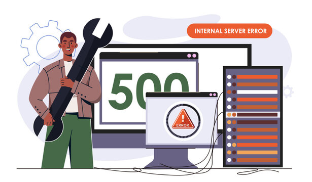 Error 500 concept. Man with wrench near computer screen. Internal server error. Computer code issues and broken links. Maintenance work. Flat vector illustration