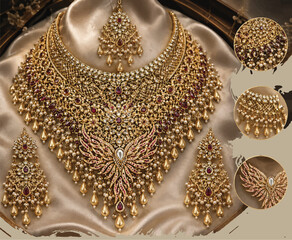 Luxurious bridal jewelry design combining crescent choker structure, openwork filigree, cascading pearl drops, ruby-kundan settings, and a phoenix-inspired centerpiece in an ornate heritage statement  © TAREEN