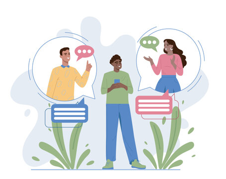 Guy chatting with friends online. Teen with smartphone. Teenagers communicate in social networks and messengers. Communication and discussion. Flat vector illustration