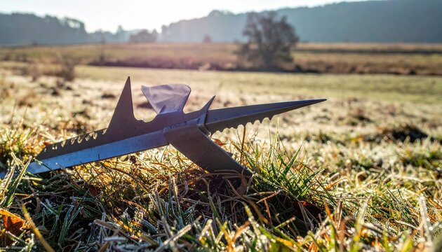 A jagged piece of sharp metallic shrapnel with an aerodynamic design rests upon a frost covered field of dried grass in a quiet rural landscape at sunrise.