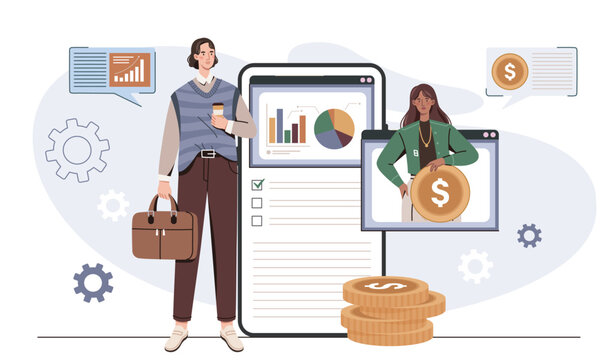 Mobile expense management. Man and woman near gold coins, graphs and charts. Financial planning and literacy. Application for accounting and budgeting. Flat vector illustration