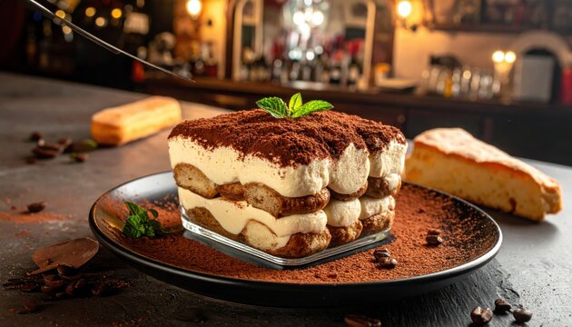 Decadent tiramisu square with creamy layers and cocoa powder dusting served on a plate in a warm cafe atmosphere, presenting a classic Italian coffee flavored dessert for food photography.