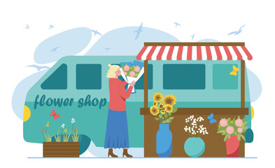 Naklejka premium Street flower store. Woman with bouquet near stall and van. Florist at market with tulips and roses. Bloom and blossom flowers. Flat vector illustration