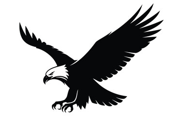 Fototapeta premium Black silhouette of eagle flying. Bird of prey with wings open. Predator landing with claws out. Graphic animal illustration.