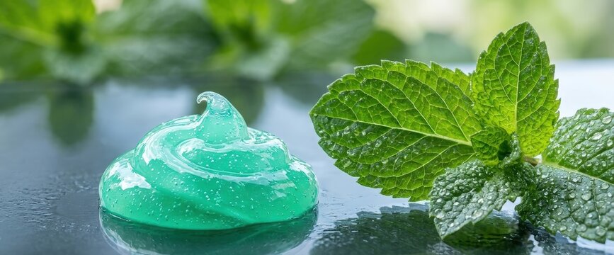 Detail mint gel toothpaste swirl beside dew covered leaf