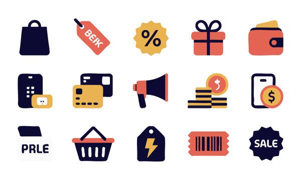 Ecommerce payment and shopping icon collection vector clean flat design isolated on white background.